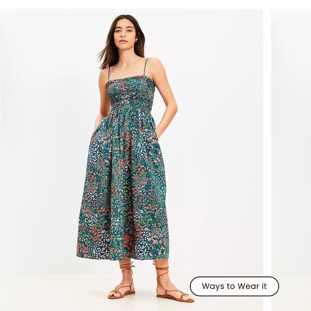 LOFT Garden Poplin Smocked Strappy Maxi pocket  Dress NWT Sold out